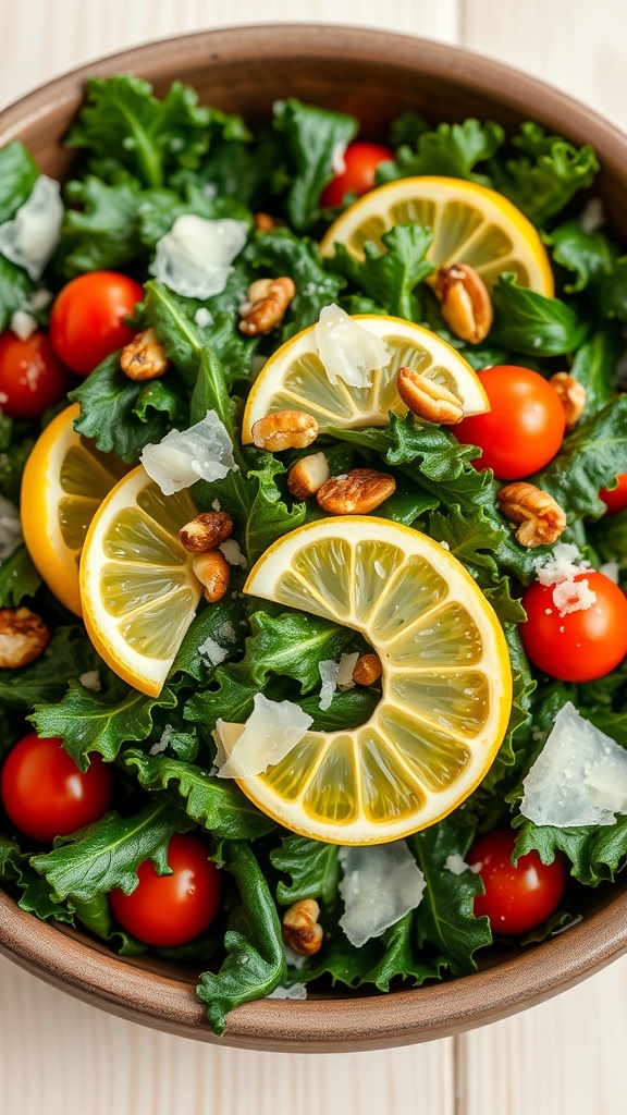 A colorful kale salad with lemon, Parmesan cheese, nuts, and cherry tomatoes in a rustic bowl.